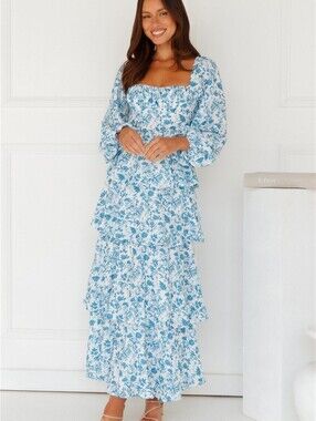 One and Only Collective Blue Floral Tiered Maxi Dress | Size Medium